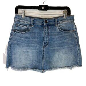 SP Black Label Denim Mini Skirt Size L Raw Hem Faded Distressed Wash Stretch